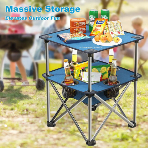 Foldable Camping Table With Built In Cup Holders And Food Basket Ultra Lightweight Square Outdoor Picnic Table with snacks in park