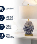 Blue And White Ginger Jar Ceramic LED Table Lamp With Gold Base And White Linen Shade, Chinoiserie Style Lighting, bedroom setting