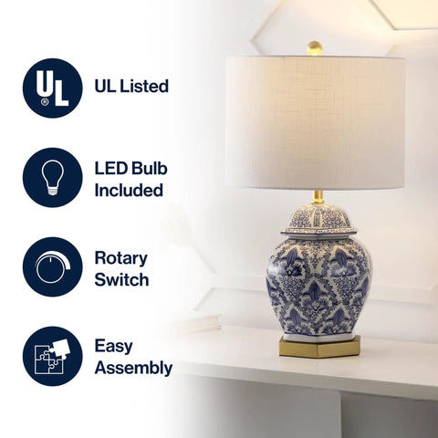 Blue And White Ginger Jar Ceramic LED Table Lamp With Gold Base And White Linen Shade, Chinoiserie Style Lighting, bedroom setting