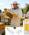 Beekeepers using Six Piece Queen Bee Catcher Cage Set For Beekeeping With One Handed Use Includes Queen Marker Marking Bottle Beehive Entrance Gate Breeding Platform And Marking Clips Safe Efficient Queen Handling Gear