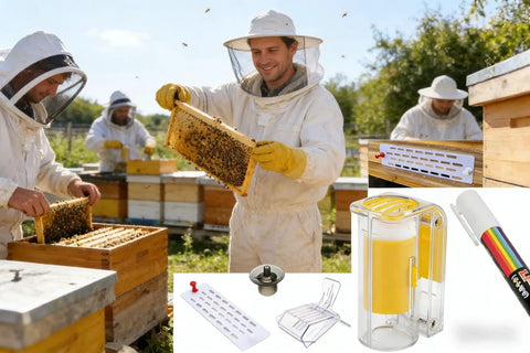 Beekeepers using Six Piece Queen Bee Catcher Cage Set For Beekeeping With One Handed Use Includes Queen Marker Marking Bottle Beehive Entrance Gate Breeding Platform And Marking Clips Safe Efficient Queen Handling Gear
