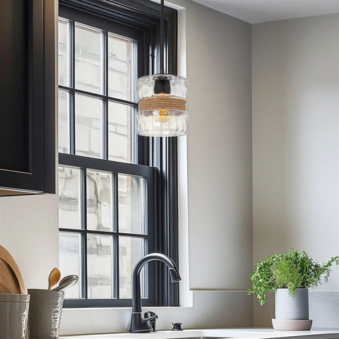 Sage 10 Inch Farmhouse Pendant Light With Hammered Glass And Natural Rope Accent Industrial Cylinder Shade In Textured Black Finish Over Kitchen Sink