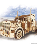 Mechanical 3D Wooden Puzzle Heavy Boy Truck VM-03 Model Kit For Adults And Teens, front view of wooden tractor-trailer