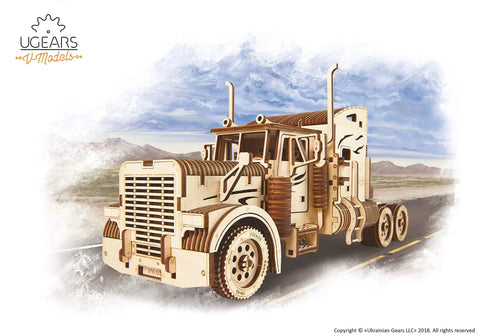 Mechanical 3D Wooden Puzzle Heavy Boy Truck VM-03 Model Kit For Adults And Teens, front view of wooden tractor-trailer