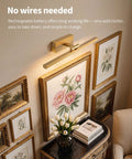 Gold Cordless Picture Lights Set Of Two Rechargeable Wall Mount Art Lamp features smooth brightness control above framed artwork.