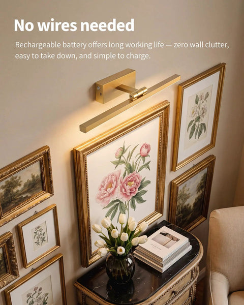 Gold Cordless Picture Lights Set Of Two Rechargeable Wall Mount Art Lamp features smooth brightness control above framed artwork.