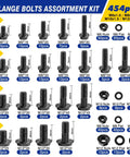 454 Piece Metric Flange Bolt Assortment Kit Grade Ten Nine M6 M8 M10 M12 Hex Bolts Nuts Washers Black Zinc Plating Heavy Duty Automotive And Farm Equipment Hardware Set, assorted sizes