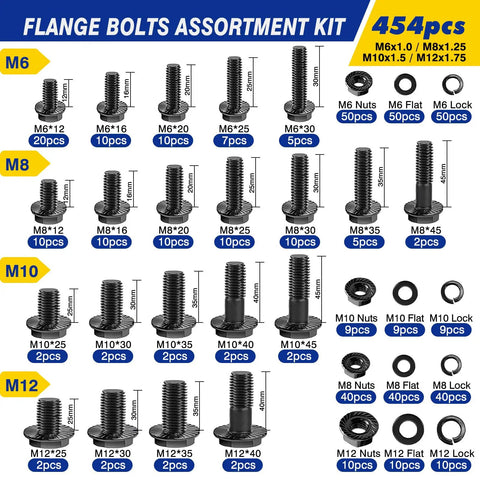 454 Piece Metric Flange Bolt Assortment Kit Grade Ten Nine M6 M8 M10 M12 Hex Bolts Nuts Washers Black Zinc Plating Heavy Duty Automotive And Farm Equipment Hardware Set, assorted sizes
