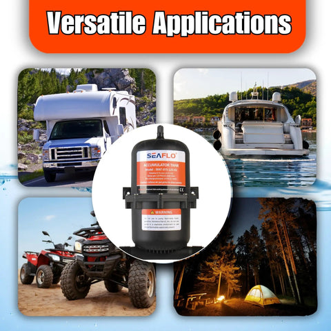 Accumulator Tank With Internal Bladder And Flow Control For Marine, RV, And Off-Grid Water Systems pictured with diverse applications