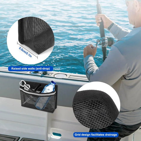 Man fishing near 3 Pack Boat Storage Mesh Bags Self Adhesive Marine Caddy Organizer With Reflective PVC Mesh Waterproof No Drill Install For Boat Cabin Deck And RV Storage Accessories