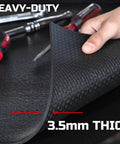 Close-up of Heavy Duty Toolbox Drawer Liner 24 Inch Wide 24 Feet Long Non Slip Rubber Mat being lifted, 3.5mm thick texture visible.