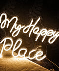 My Happy Place Neon Sign Warm White Neon Lights For Bedroom Decor Cozy Home Office Wall Art Wedding And Birthday Party Decor Gift For Girls Room Modern Neon Wall Sign glowing on dark background