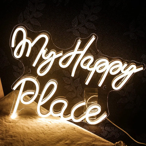 My Happy Place Neon Sign Warm White Neon Lights For Bedroom Decor Cozy Home Office Wall Art Wedding And Birthday Party Decor Gift For Girls Room Modern Neon Wall Sign glowing on dark background