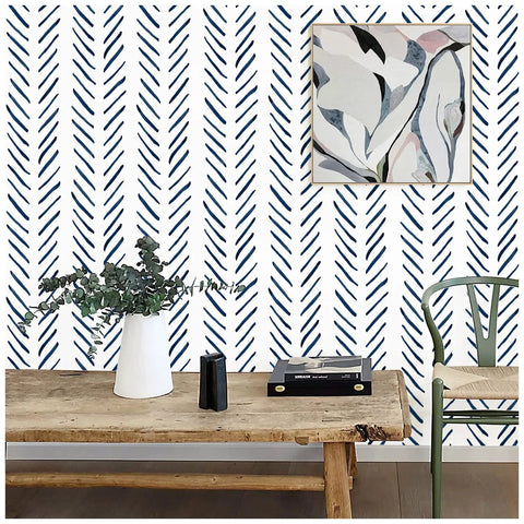 Living room with Boho Peel And Stick Wallpaper Stripe Removable Navy And White Chevron Vinyl Contact Paper Mural for Bathroom Decor