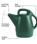 2 Gallon Watering Can For Indoor And Outdoor Plants With Removable Nozzle And Drip Free Sprinkler Head Recycled Plastic Build Easy Pour Spout For Lawn Garden And Houseplants Green showing dual handles and leak-free gasket.