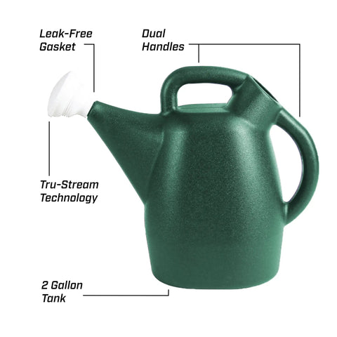 2 Gallon Watering Can For Indoor And Outdoor Plants With Removable Nozzle And Drip Free Sprinkler Head Recycled Plastic Build Easy Pour Spout For Lawn Garden And Houseplants Green showing dual handles and leak-free gasket.
