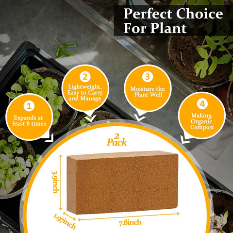 Image of Two Pack Organic Coco Coir Bricks for Garden Soil with dimensions, highlighting benefits and features for planting.