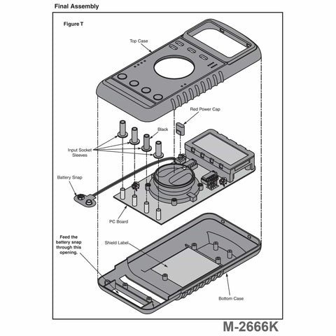 Assembly diagram of Deluxe Full Function Digital Multimeter Kit with 1.3 inch display, showing components and layout.