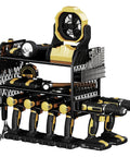 Power Tool Storage Rack With Six Drill Holders And Pegboard Organizer Shelf For Garage Walls, wall mount holding tools.