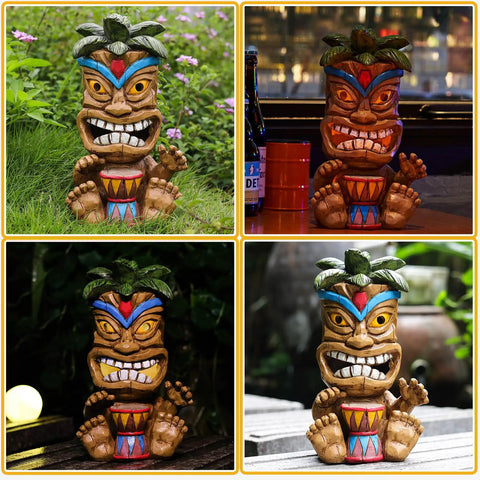 Solar Powered Tiki Statue Light For Garden, Patio, And Backyard Decor, 10-inch tall, colorful drumming tiki totem pole figurine