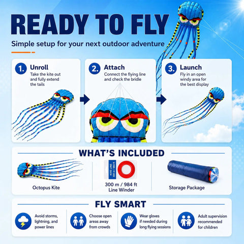 Instructions for launching the 26Ft Sky Octopus Kite Mega Giant 3D Parafoil for Adults and Kids Blue With 1000D String
