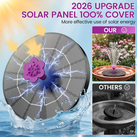 Solar Powered Fountain Pump For Bird Bath With Six Nozzles, Adjustable Spray Heights, shown with upgraded solar panel