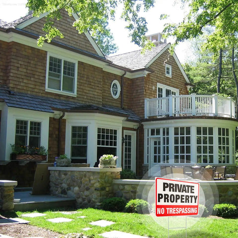 Private Property No Trespassing Signs 2 Pack With Metal H Stakes 12x9 Inch Corrugated Plastic Double Sided Yard Sign in front of house