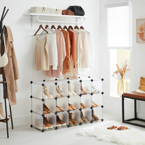 Interlocking Sixteen Cube Shoe Rack Organizer DIY Storage Cabinet For Closet Entryway Bedroom And Garage Space Saver