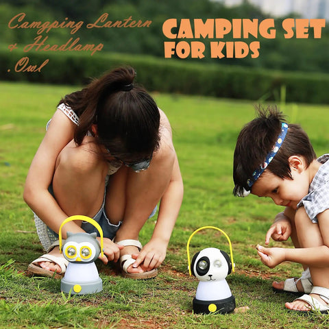 Children playing outdoors with 2-In-1 Kids Owl Lantern And Headlamp Set, battery powered, pink owl design on grass.