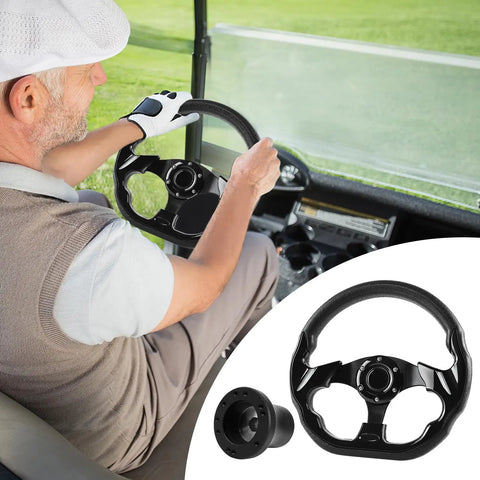 Man using D-Shape Steering Wheel With Adapter For Club Car EZGO TXT And RXV Golf Carts, Easy Install Upgrade Kit