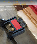 Boss Level Table Saw Feeder Jigs Built From Premium Anodized Aluminum With Silent Dual Bearing Rollers For Nailed Wood Feed Control and Sharp Cuts Daily with sliding nuts on track.