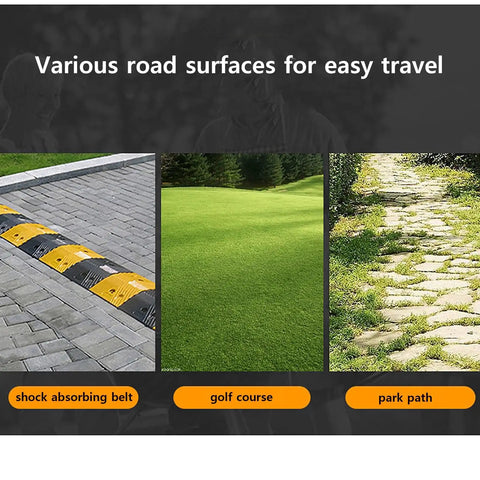 Various road surfaces including pavement, golf course, and park path for Foldable Smart Electric Golf Cart With Automatic Following Tech.