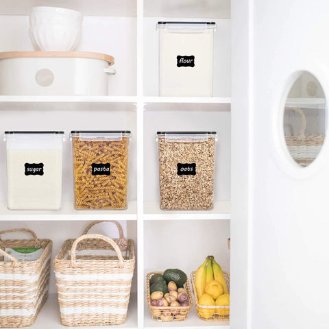 4 Pack Big Food Storage Canisters 5.2L Airtight BPA Free Plastic For Flour Sugar Rice With Lids Includes 4 Measuring Cups And 24 Labels Pantry Organization Black shown in pantry.