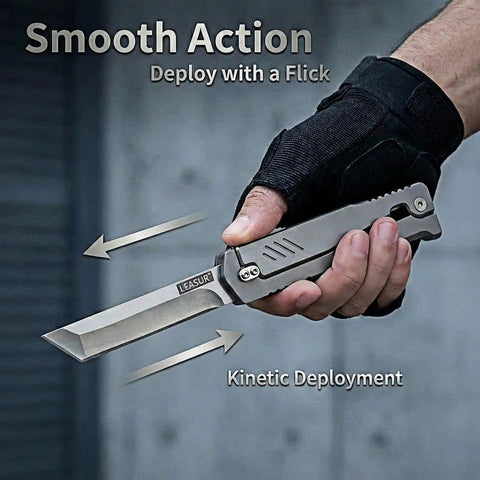 Tactical Folding Knife With Belt Clip, All Steel Sharp Blade, 9 Inch Survival Knife For Outdoors held in hand showing deployment