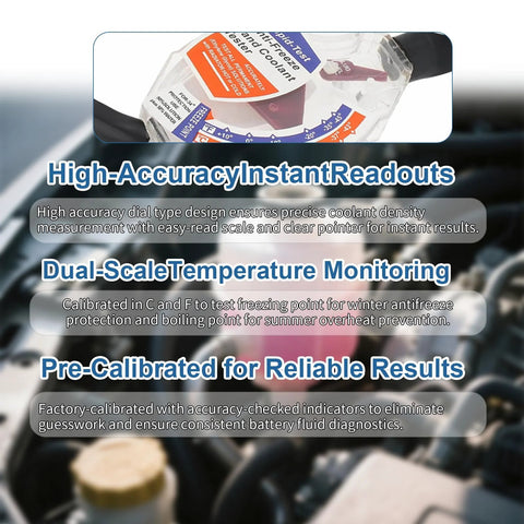 Front view of KINGTAIXIN coolant tester accessory with antifreeze bottle in a car engine bay.