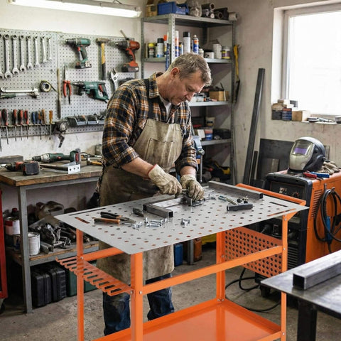 Rugged 36 Inch By 24 Inch Welding Table With 800 Pound Capacity Portable Welding Workbench On Wheels in garage workshop