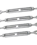 Heavy Duty 1/2 X 12 Inch Eye Eye Drop Forged Turnbuckle 4 Pack showing galvanized steel tensioners for rigging use.