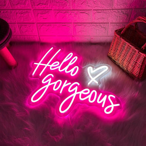"Hello gorgeous" pink neon sign on furry rug, 19 inch LED neon light for bedroom, party, bar, and Christmas vibe decor.