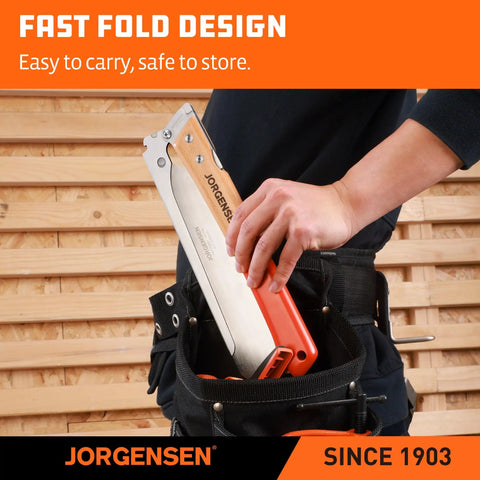 Person placing 9.5 Inch Folding Dovetail Saw With Beech Wood Handle, Pro Japanese Pull Saw With SK5 Steel Blade into tool belt.