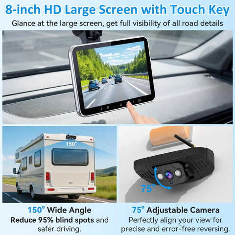 Wireless RV Camera System Plug And Play For Pre Wired RVs 8 Inch HD 1080P Monitor showing rear view with wide-angle lens.
