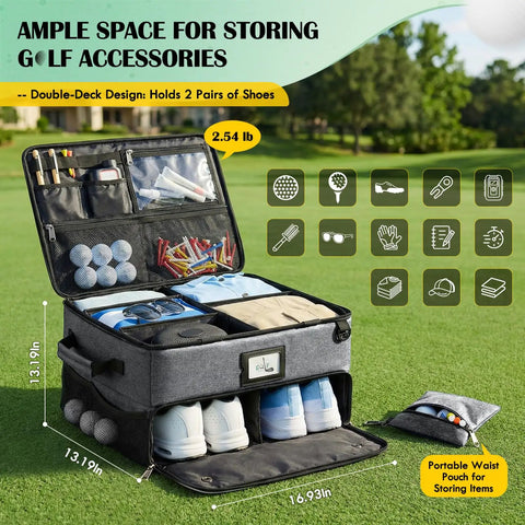 Golf Trunk Organizer For Cars And Golf Bags, Ultimate Dad Gift, Separate Ventilated Compartment For Two Pairs Shoes, Durable Golf Bag Organizer With Water Resistant PVC Lining, Essential Golf Accessories For Men displayed on grass