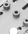 Top Notch FtVogue Dowelling Jig Made From 6061 Aluminum Alloy, Self Centering Drill Guide With 6 Mm 8 Mm And 10 Mm Bushings Perfect For Woodworking Joinery Projects Adjustable Capacity From 10 Up To 180 Mm Thick Boards. Close-up of 6061 aluminum dowelling jig with 6mm, 8mm, and 10mm bushings