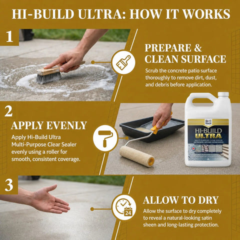 Image demonstrating application steps for Straight Up Pro Grade Sealant For Concrete And Natural Stone With Slick Satin Sheen Deep Penetrating Urethane Formula Weather Resistant Finish 4 Liter Bucket.