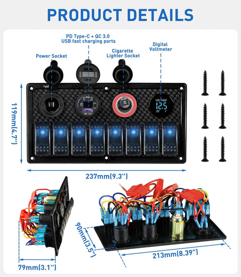 Eight Gang Marine Switch Panel Waterproof Pre-Wired Rocker Panel With Blue LED Lights, 12V And 24V, detailed layout view