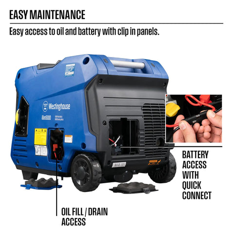 5000 Peak Watt Super Quiet Portable Inverter Generator With Remote Start And Auto Choke, Wheel And Handle Kit, oil and battery access
