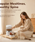 Elevated Cat Food Stand, Ergonomic Neck And Spine Care Feeding Table with natural wood, used for feeding a cat.