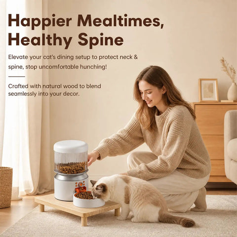 Elevated Cat Food Stand, Ergonomic Neck And Spine Care Feeding Table with natural wood, used for feeding a cat.