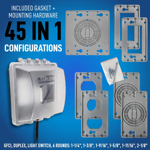Two Gang Weatherproof In Use Outlet Cover For Outdoor Plugs And Receptacles, Lockable, 45 Configurations Displayed