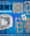 2-Gang Heavy-Duty Weatherproof Outdoor Outlet Cover And Box Kit with polycarbonate cover, gaskets, multiple configurations on blue background