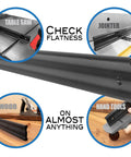 Hella Tight 38 Inch Anodized Aluminum Straight Edge Tool With.002 Tolerance For Squaring Up Surfaces showing flatness check on wood and tools.
